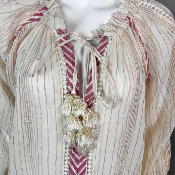 Miss June top tunic Medium peasant cover-up boho cream tassel beach sheer - Picture 6 of 11